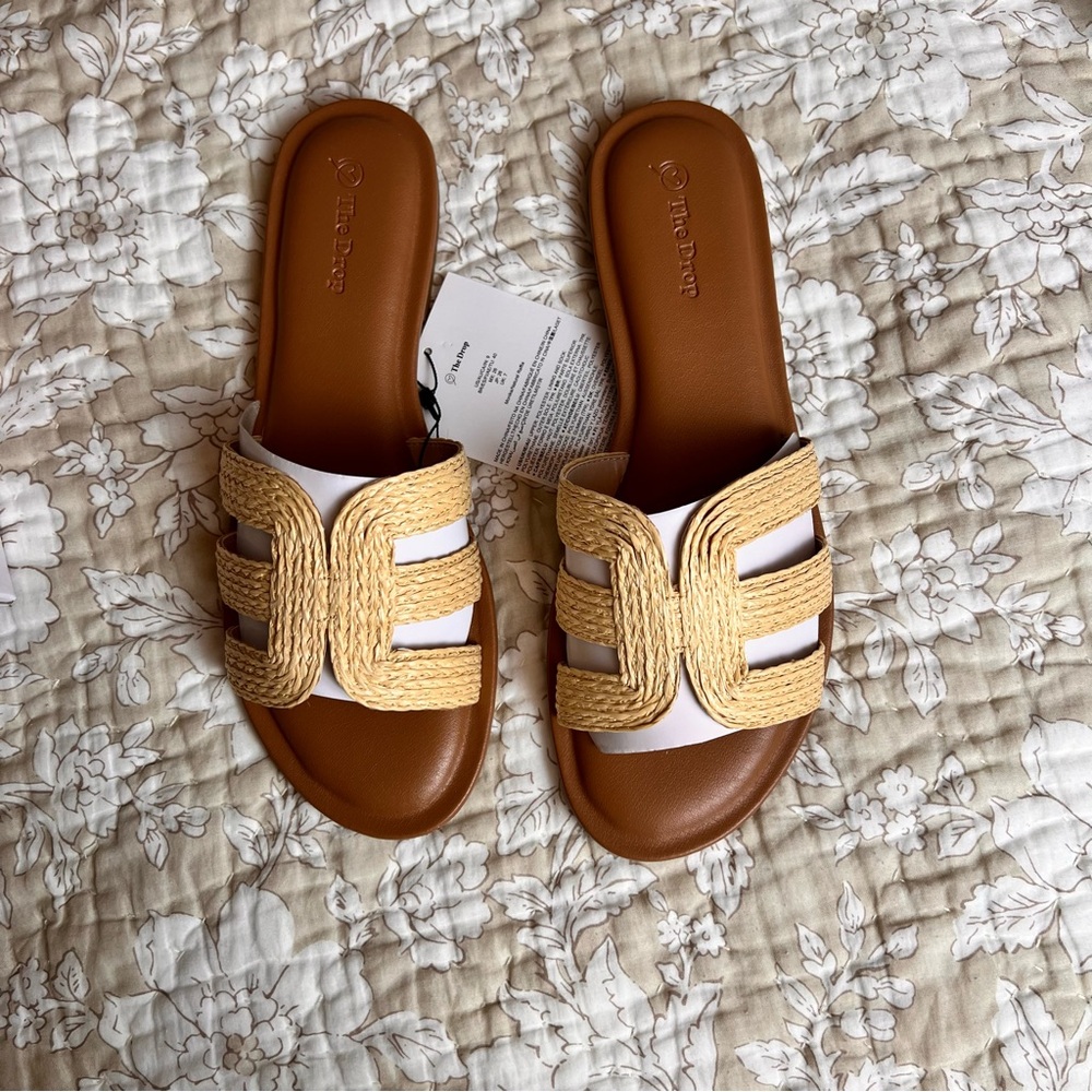 Sz 9 | THE DROP 'Monika' Beige 'H' Sandal Straw Faux Leather Beach Slides